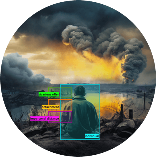 A lone figure sits facing a dramatic, fiery sky with billowing smoke, creating a sense of isolation and detachment. Boxes with text like "vicarious offer" overlay the scene.
