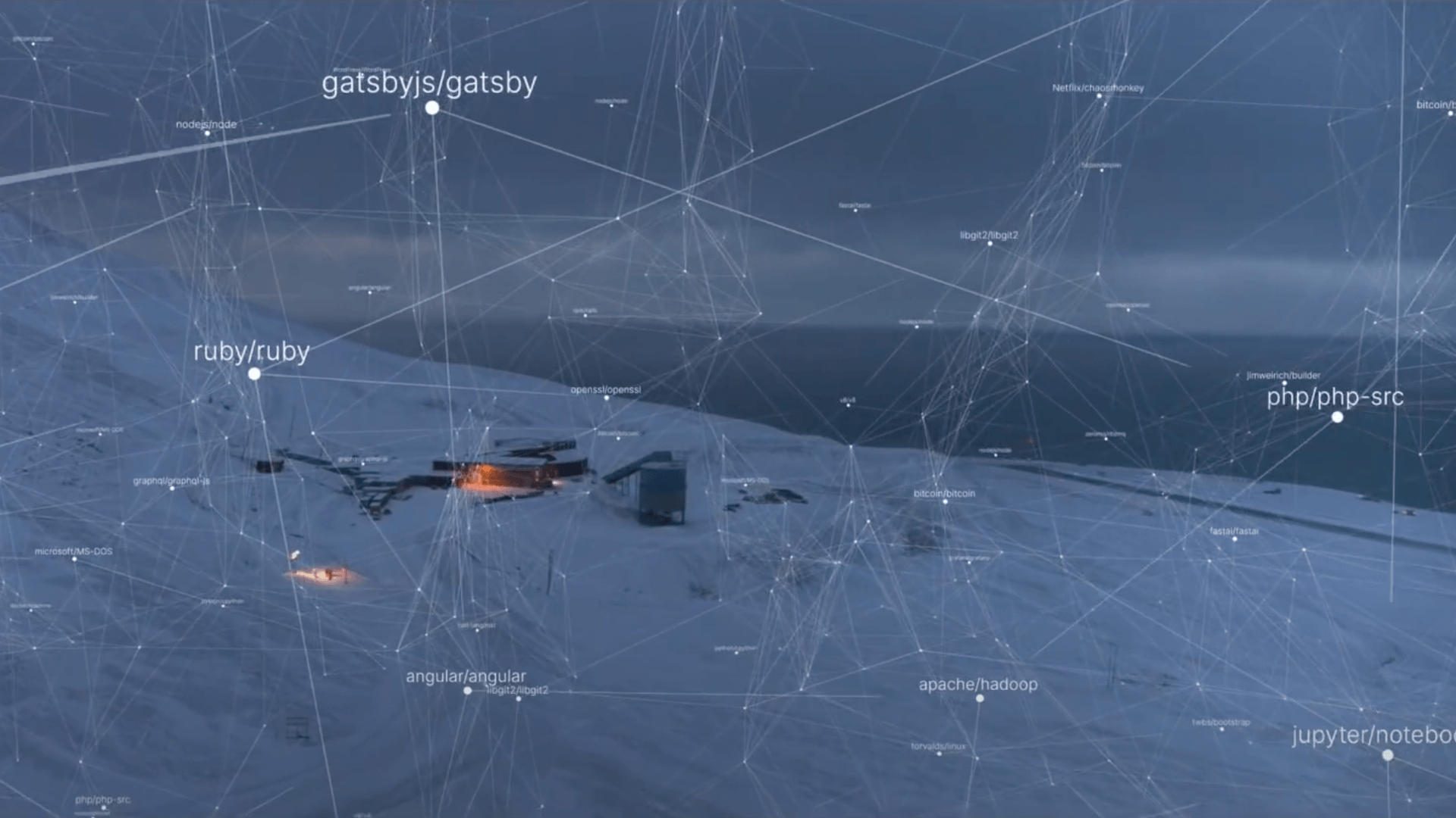 Digital web of code repositories floats over a snowy coastal landscape at dusk, creating a futuristic, interconnected ambiance with a serene undertone.