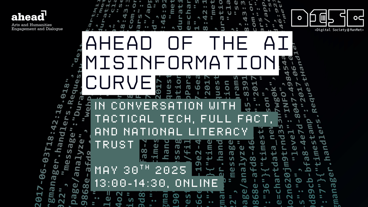 Conference poster with binary code backdrop. Title: "Ahead of the AI Misinformation Curve." Event features Tactical Tech, Full Fact, and National Literacy Trust, scheduled online for May 30, 2025.