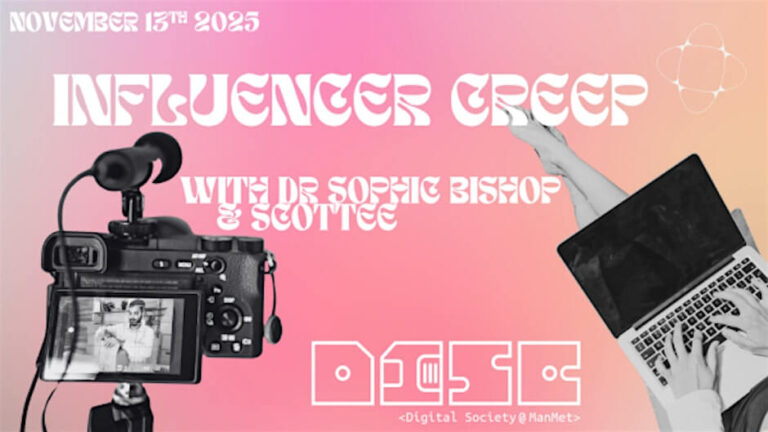 Retro-style graphic for "Influencer Creep" event, featuring a camera, person with laptop, and geometric designs on pink-orange gradient.