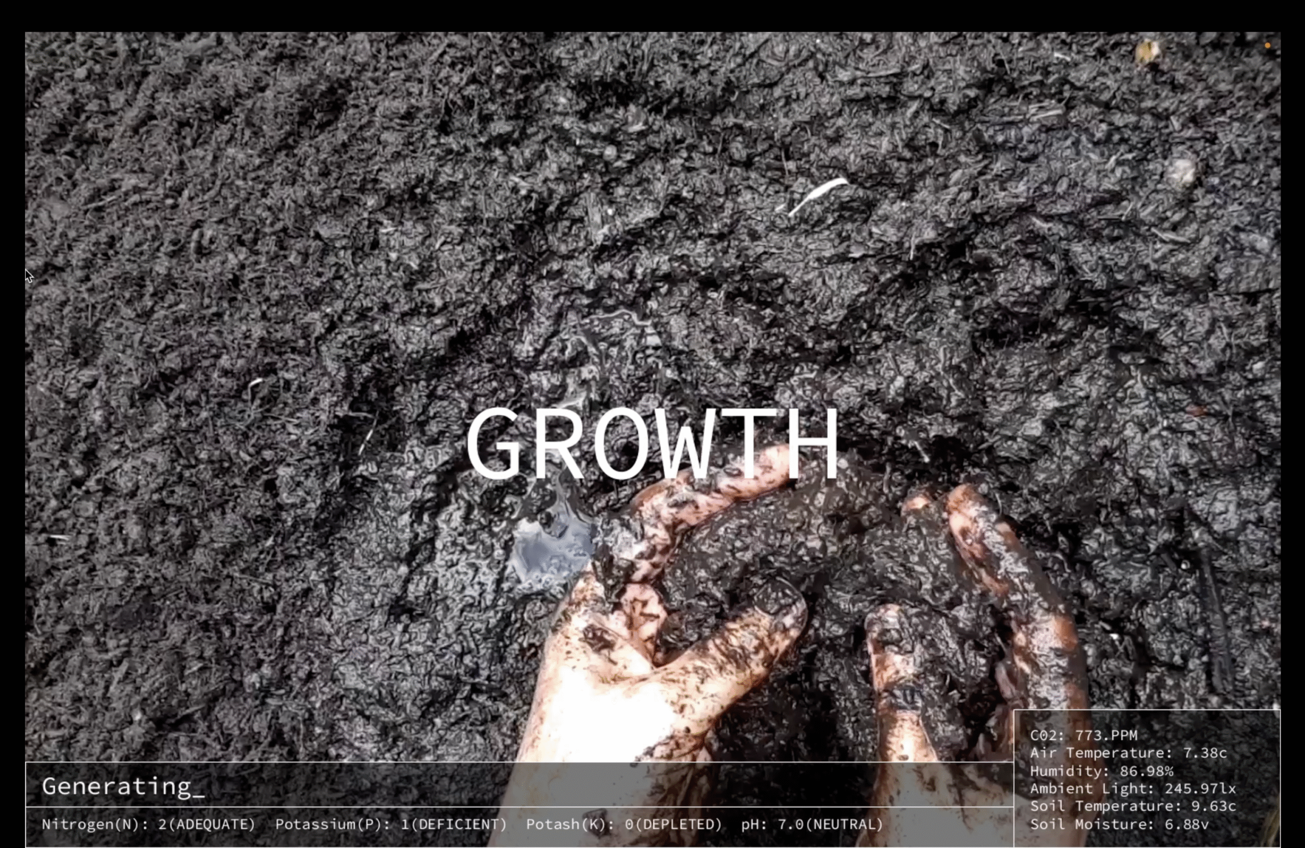 Two hands dig into dark, rich soil with the word "GROWTH" overlaying the image. Soil data and environmental conditions are displayed. The mood is earthy and hopeful.