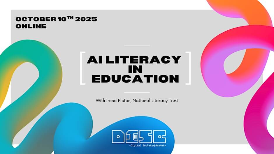 Colorful poster for 'AI Literacy in Education' event on October 10, 2025, online. Includes abstract 3D shapes and mentions Irene Picton, National Literacy Trust.