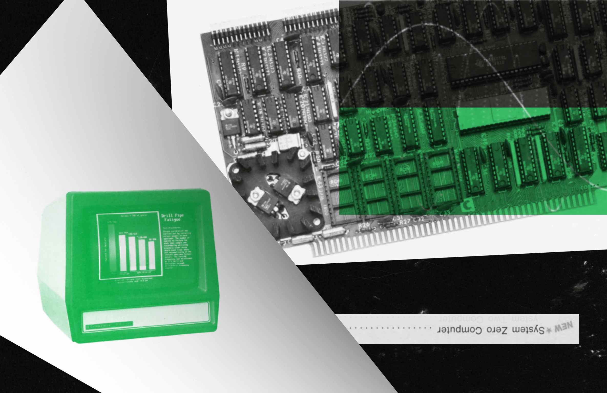 A green retro computer monitor with bar graph on screen overlays a grayscale circuit board, blending technology themes. Bold, industrial tone.