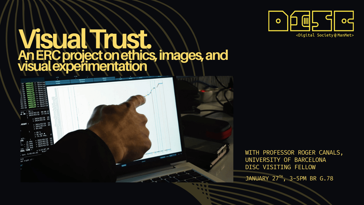 A hand points at a graph on a laptop screen, set against abstract lines. Text: “Visual Trust, an ERC project on ethics, images, and visual experimentation.