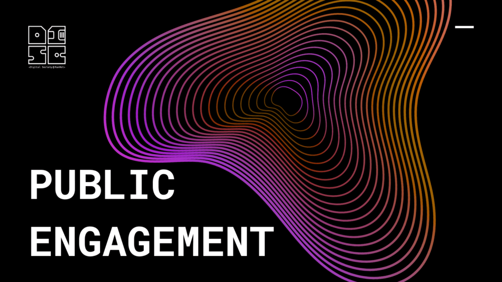 Modern design incorporating geometric shapes and lines, featuring the word “Public Engagement”.
