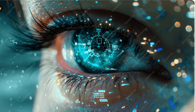 A close-up of a futuristic eye, symbolising vision and innovation, with vibrant colours and intricate details.